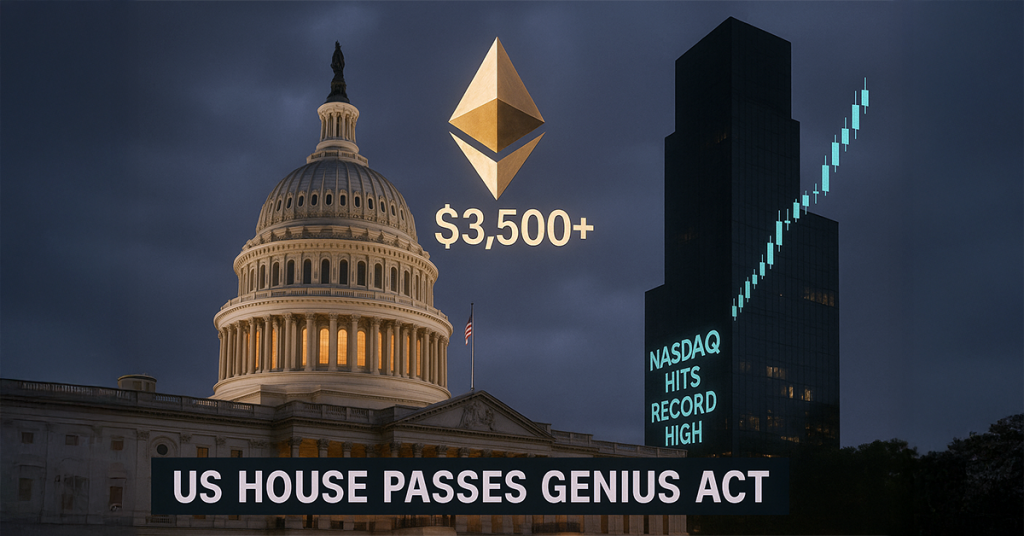 مجلس النواب الأمريكي يوافق على مشروع قانون GENIUS، مما دفع الإيثر إلى تجاوز مستوى 3500 دولار، ومؤشر ناسداك يحقق مستويات قياسية جديدة