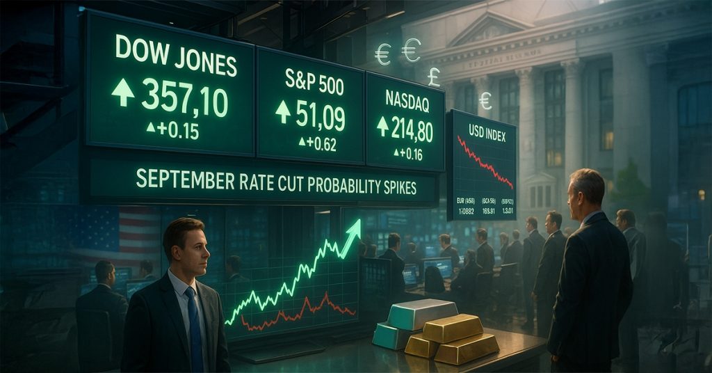 تعافي مؤشرات الأسهم الأمريكية مع تزايد احتمالات خفض أسعار الفائدة في سبتمبر، وانخفاض قيمة الدولار الأمريكي مقابل العملات الرئيسية