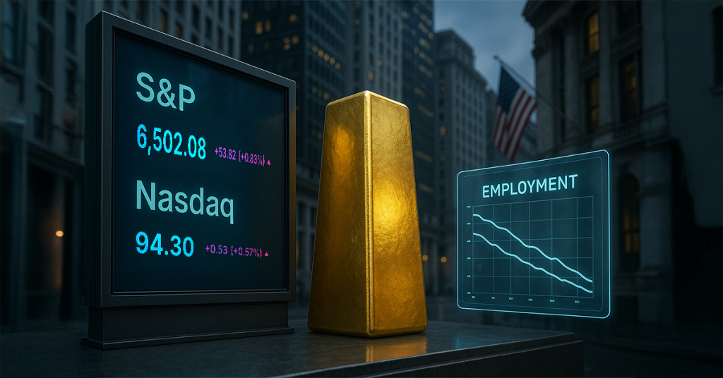 تقلبات في الأسواق الأمريكية، و ارتفاع الذهب لمستويات قياسية مع تباطؤ سوق العمل.
