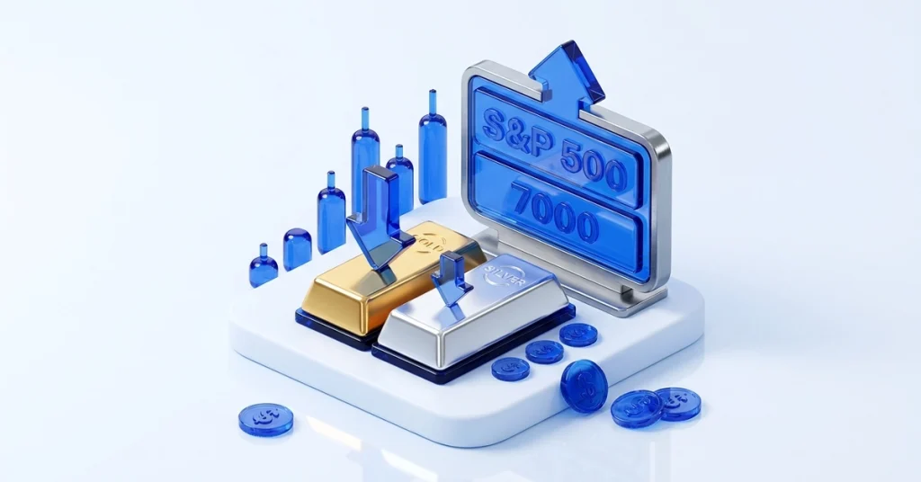 عمليات بيع مكثفة للمعادن الثمينةبعد ارتفاعها إلى مستويات قياسية جديدة. مؤشر ستاندرد آند بورز 500 يتجاوز 7000 نقطة لأول مرة.