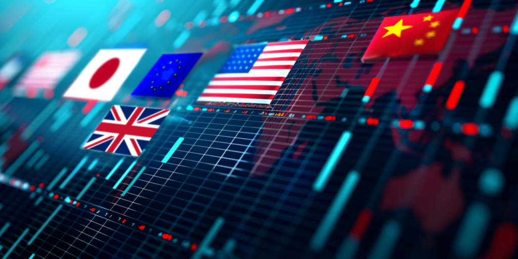 Trading con CFDs en el mercado de valores. Diferentes banderas de los paises con los mayores mercados de cotización.