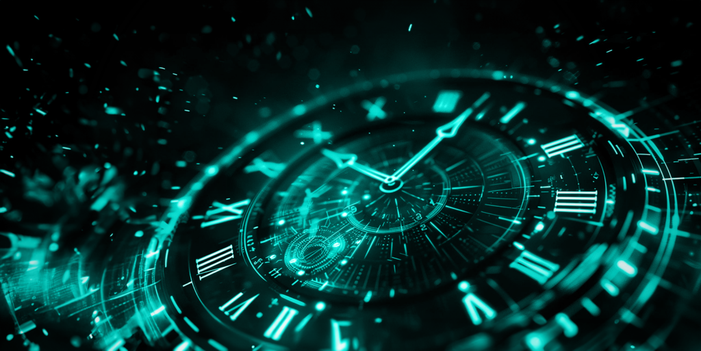 Reloj con fondo oscuro y acento turquesa.