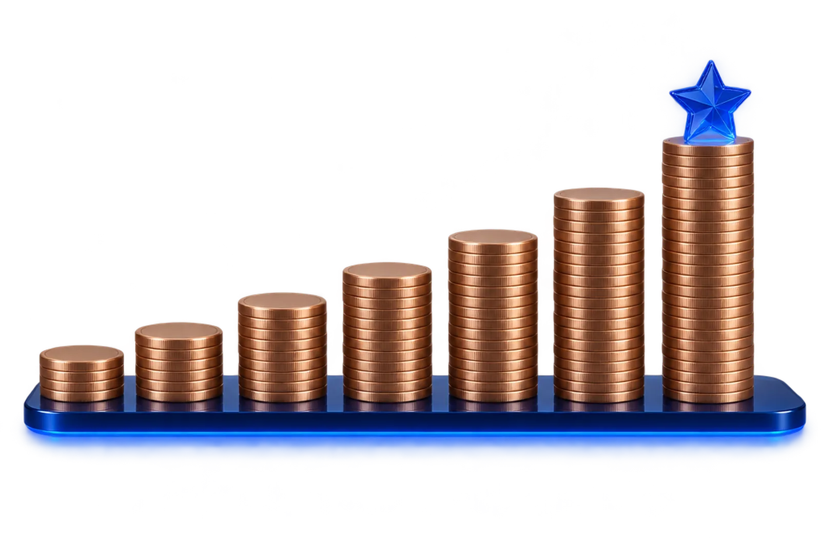 Seven rising stacks of bronze coins on a navy glass platform, the tallest topped with a glowing royal-blue star