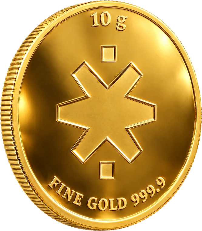 A polished 10 gram gold coin struck with the STARTRADER star, 10 g and Fine Gold 999.9