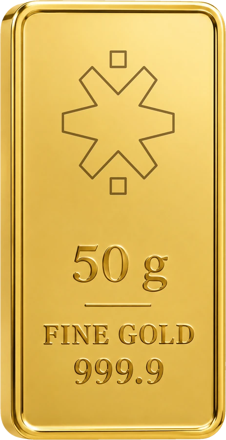 A polished 50 gram fine gold bar engraved with the STARTRADER star, 50 g and Fine Gold 999.9