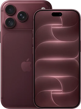 The latest iPhone Pro Max, front and back, in a deep red finish