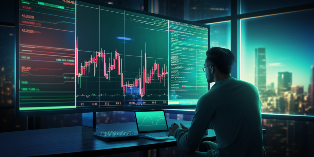 Man sitting on the table and watching the graph of trading.