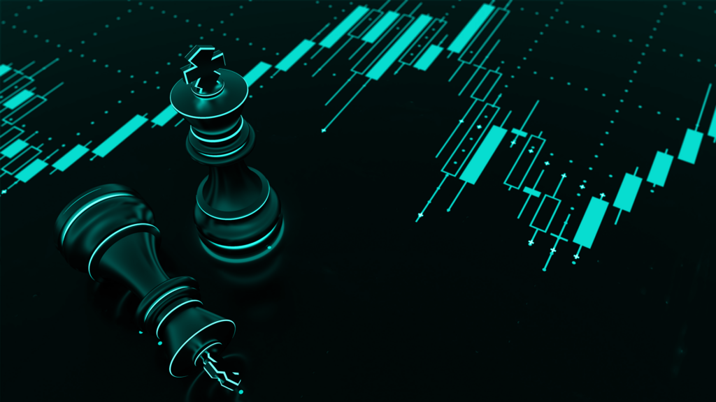What is a CFD in Trading? A financial market chart in turquoise color with 2 chess armies.