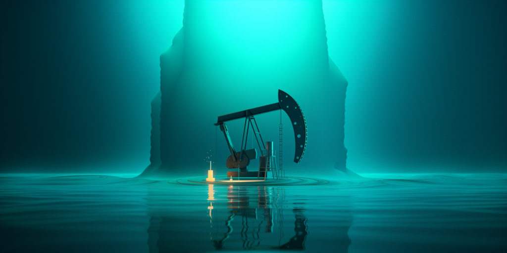 What is oil trading? A drilling machine of oil in the see with a turquoise background.