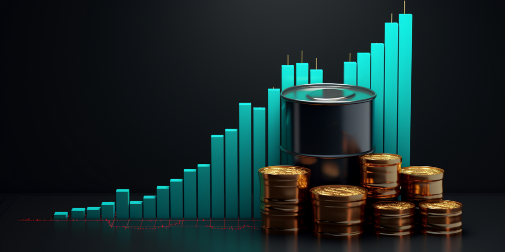 What is oil trading? An oil market graph in turquoise color, with a black oil barrel and piles of currency coins.
