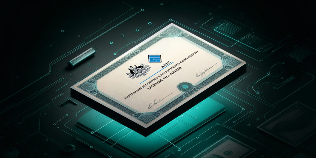 STARTRADER Secures ASIC License for Global Expansion. An ASIC certificate from the regulatory body of Australia in turquoise and dark background.