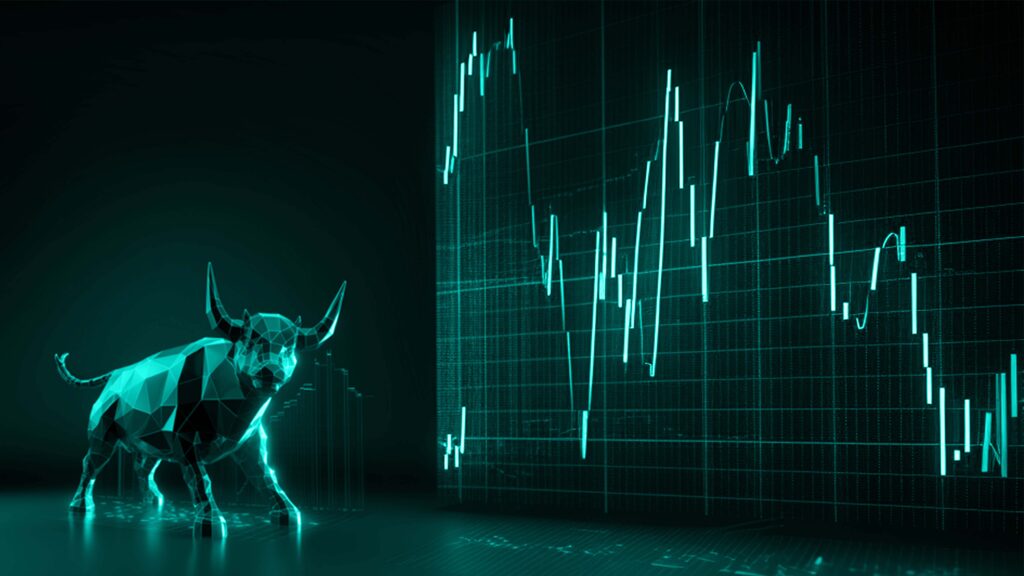What is a CFD in Trading? A financial market chart in dark color with a bull in turquoise.