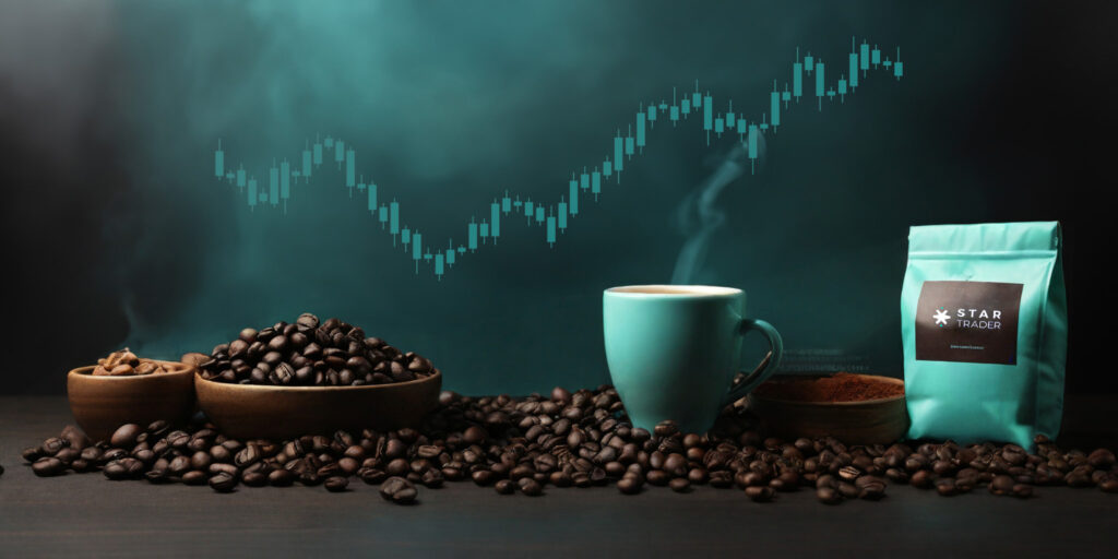 A pack of STARTRADER beans, behind is a financial market chart.