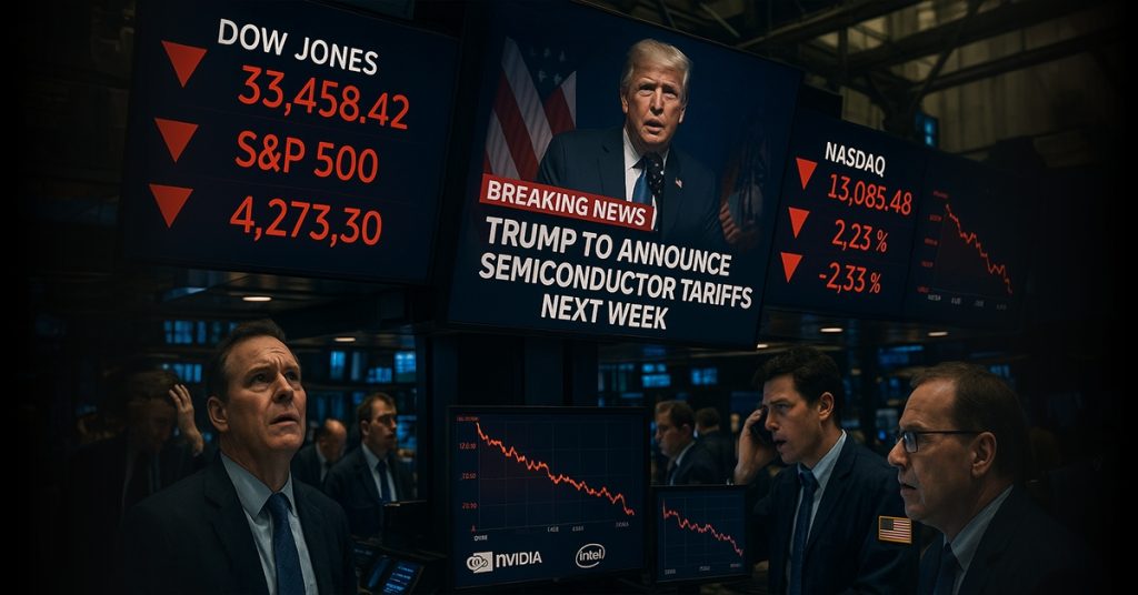 U.S. indices fall as Trump says he will announce semiconductor tariffs next week