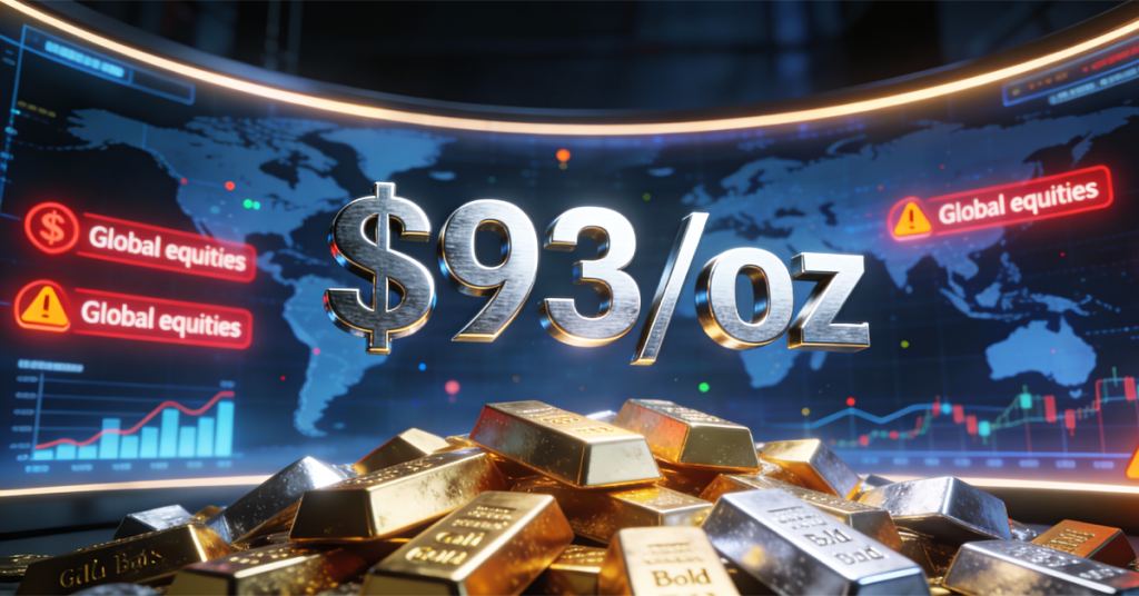 Precious metals shatter records as silver surges past $93 an ounce. Geopolitical tensions pressure global equities